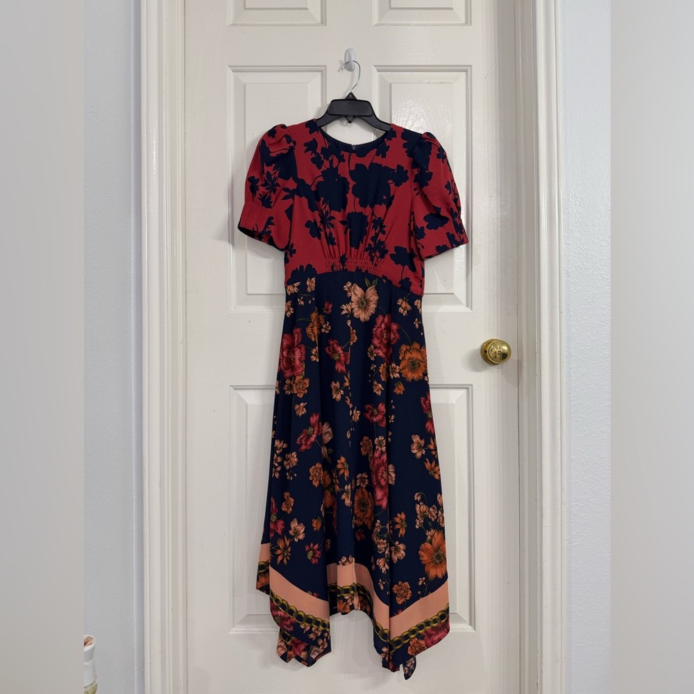 Vince Camuto Navy and Red Floral Midi Dress